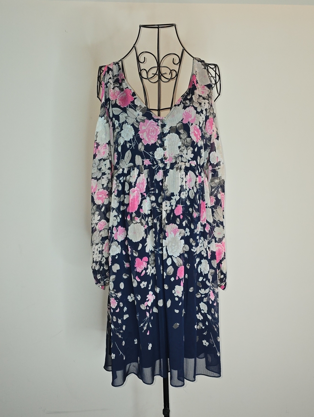 INC Floral Cold-Shoulder Navy Dress with Pink Accents